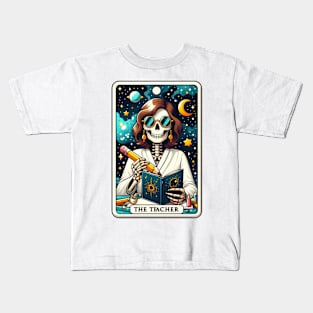 Cosmic Skeleton Teacher Reading Under the Stars Tarot Kids T-Shirt